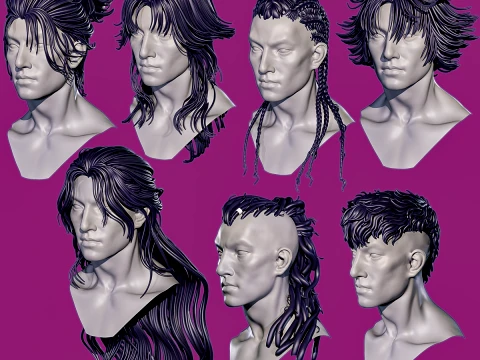 7 fantasy male hair models with the head model included - Bundle 3D Model