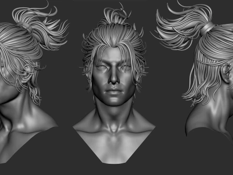 7 fantasy male hair models with the head model included - Bundle 3D Model