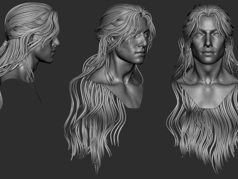 7 fantasy male hair models with the head model included - Bundle 3D Model