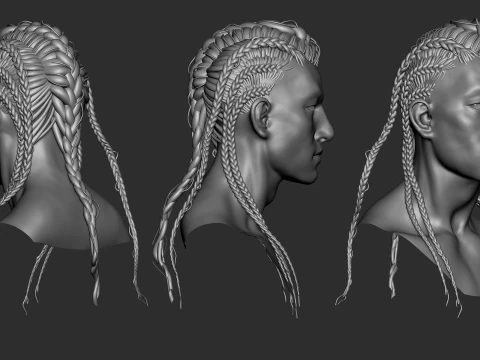 7 fantasy male hair models with the head model included - Bundle 3D Model