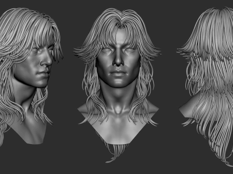 7 fantasy male hair models with the head model included - Bundle 3D Model