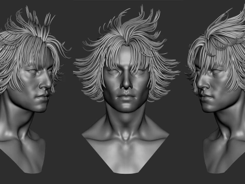 7 fantasy male hair models with the head model included - Bundle 3D Model