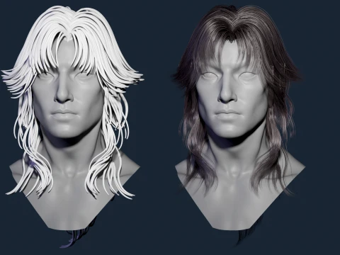 7 fantasy male hair models with the head model included - Bundle 3D Model