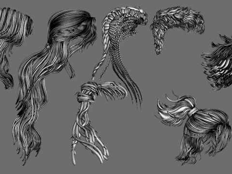 7 fantasy male hair models with the head model included - Bundle 3D Model