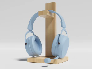 Auriculares con soporte de madera. Modelo 3D
