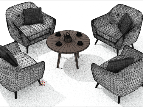 4 elegant chairs with table coffee cups and kettle 3D-Modell
