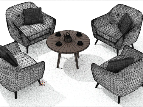 4 elegant chairs with table coffee cups and kettle 3D Model