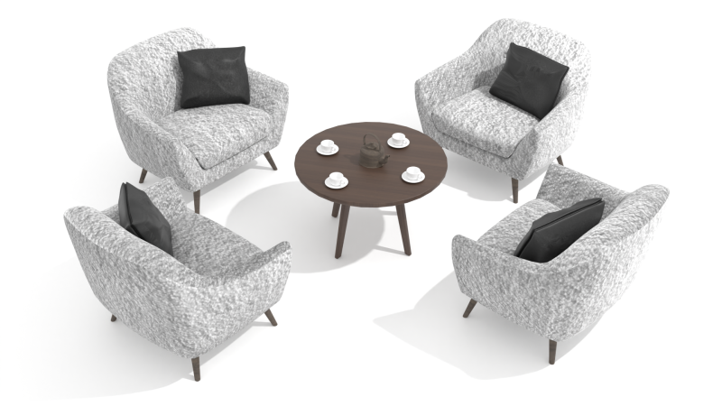 4 elegant chairs with table coffee cups and kettle 3D-Modell .c4d .max .obj .3ds .fbx .stl .blend 