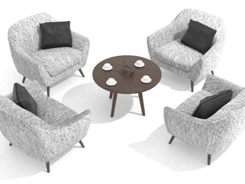 4 cadeiras elegantes com mesa, x&iacute;caras de caf&eacute; e chaleira Modelo 3D