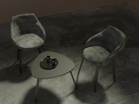 Dua kursi dengan meja dan cangkir Model 3D