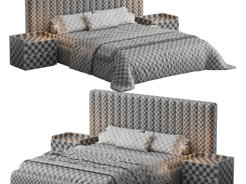 Walvia Gray Velvet Luxury Wide Headboard Bed 3D Model