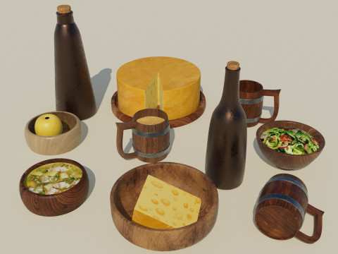 Wooden Tavern Utensils 3D Model