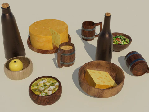 Wooden Tavern Utensils 3D Model