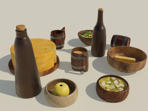 Wooden Tavern Utensils 3D Model
