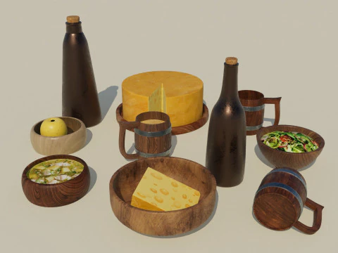 Wooden Tavern Utensils 3D Model