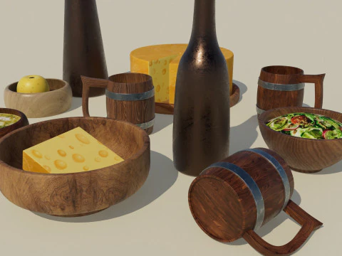 Wooden Tavern Utensils 3D Model