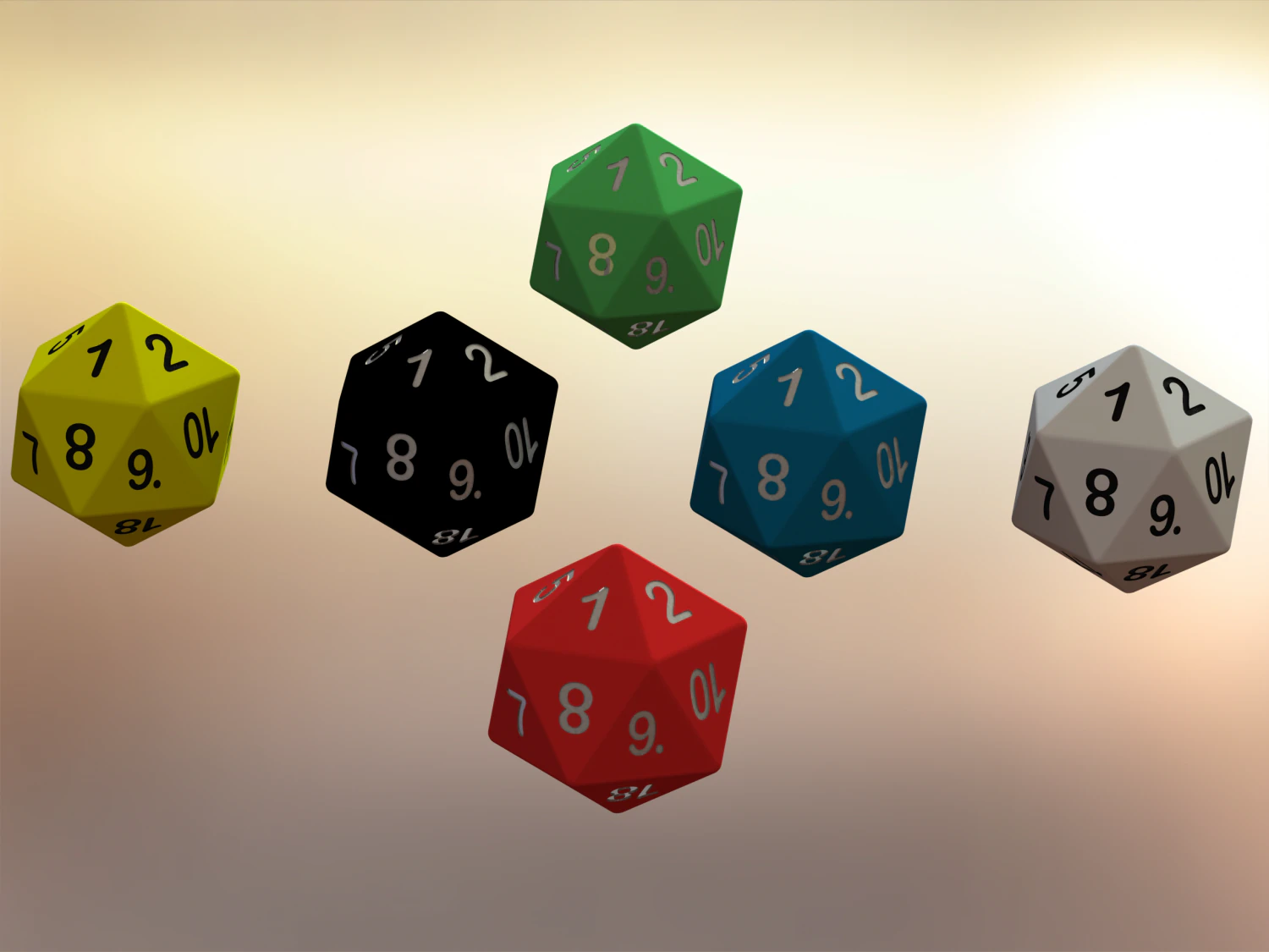 20 Sided Game Dice 6 Colors 3D Print Model .c4d .max .obj .3ds .fbx .stl .blend