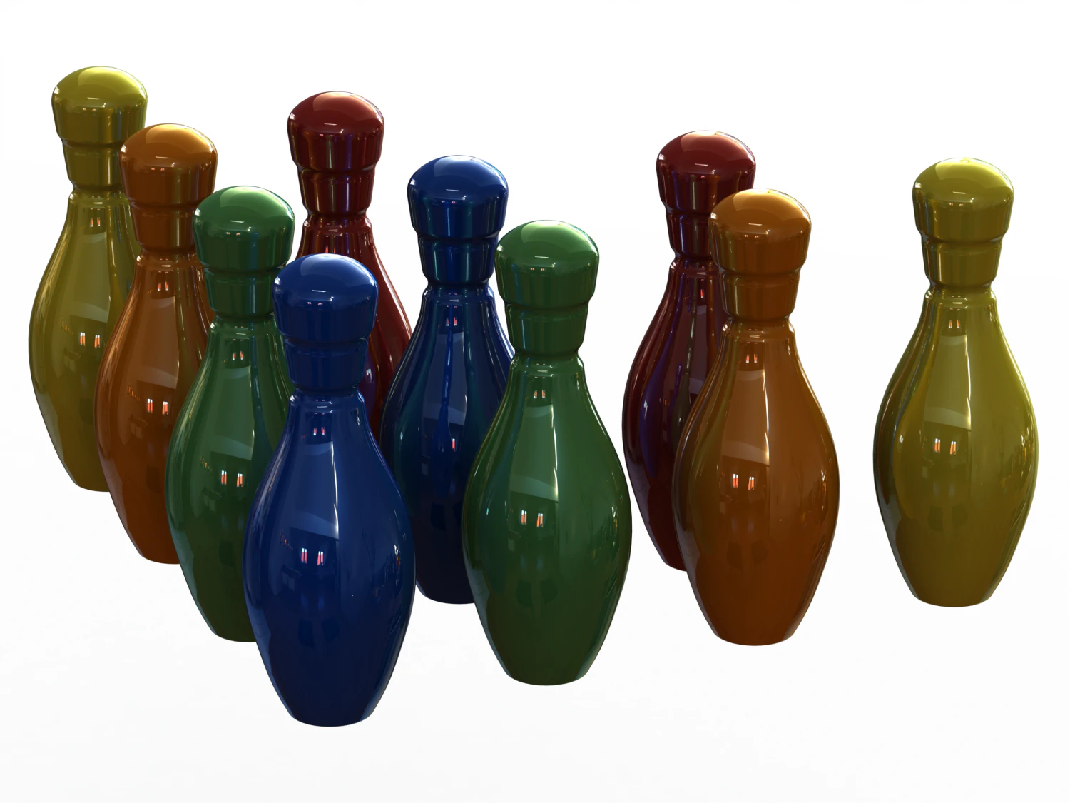 Colored Plastic Bowling Pin Set 3D Print Model .c4d .max .obj .3ds .fbx .stl .blend 