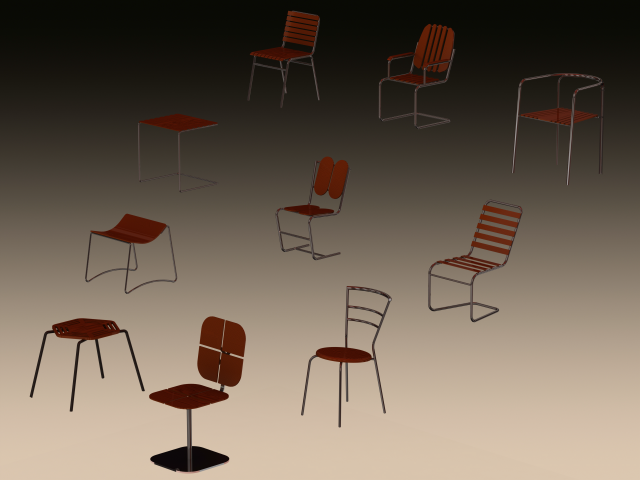 Steel Teak Garden Chair Collection 3D Model .c4d .max .obj .3ds .fbx .stl .blend 