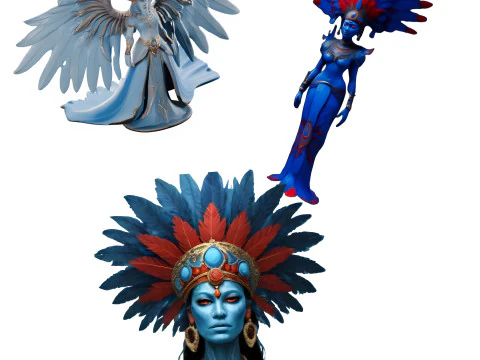 Mythical Winged Warrior and Feathered Headdress Goddesses Collection 3D Print Model