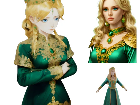Medieval Fantasy Princess Figurine in Emerald 3D Print Model