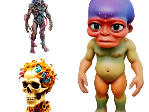 Коллекция фэнтезийных существ — скелет-воин, лесной бес и мистический бюст-череп 3D Принт Модель