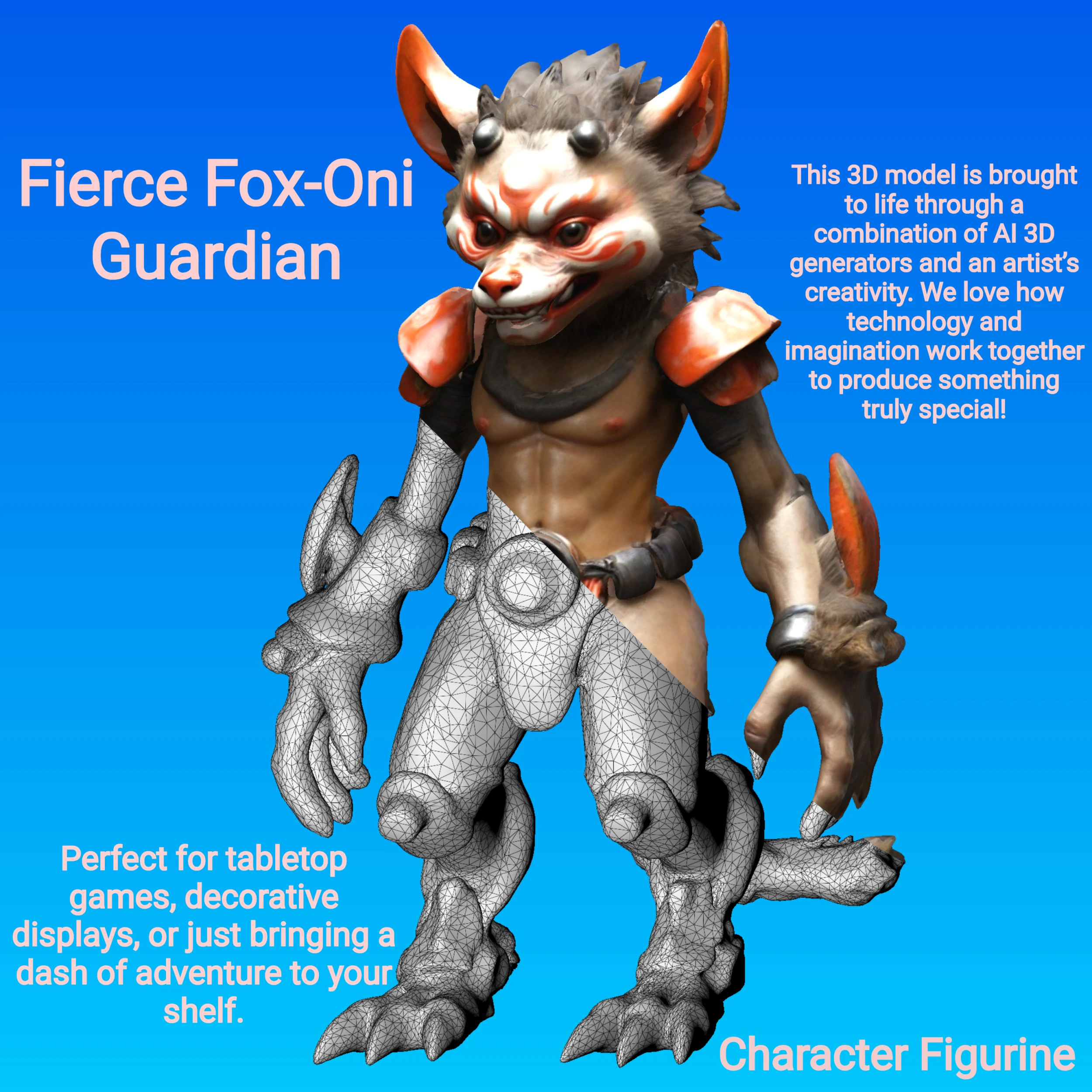 Fierce Fox-Oni Guardian 3D Print Model .c4d .max .obj .3ds .fbx .stl .blend 