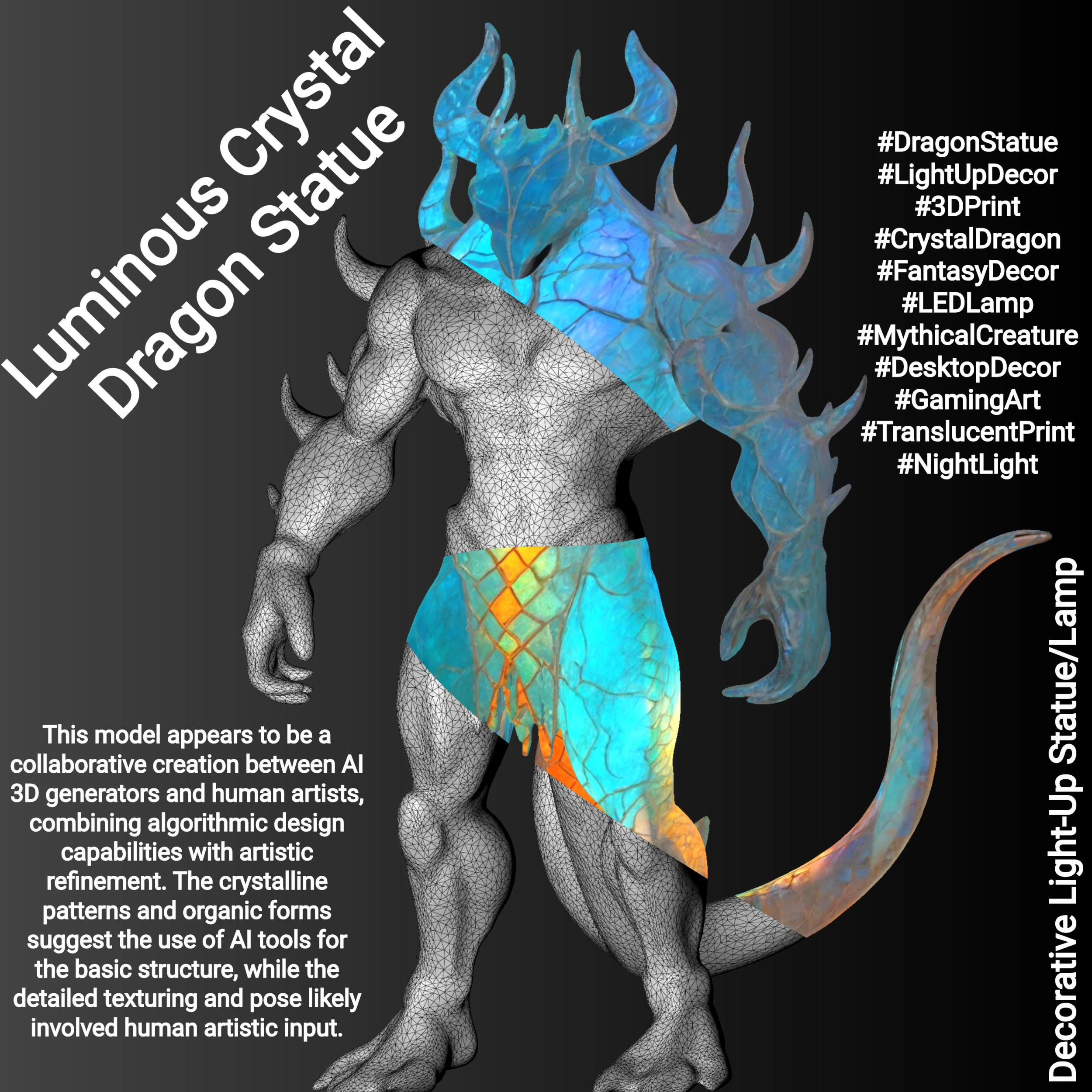 Luminous Crystal Dragon Statue 3D Print Model .c4d .max .obj .3ds .fbx .stl .blend 