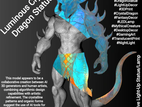 光るクリスタルドラゴンの像 3Dプリントモデル