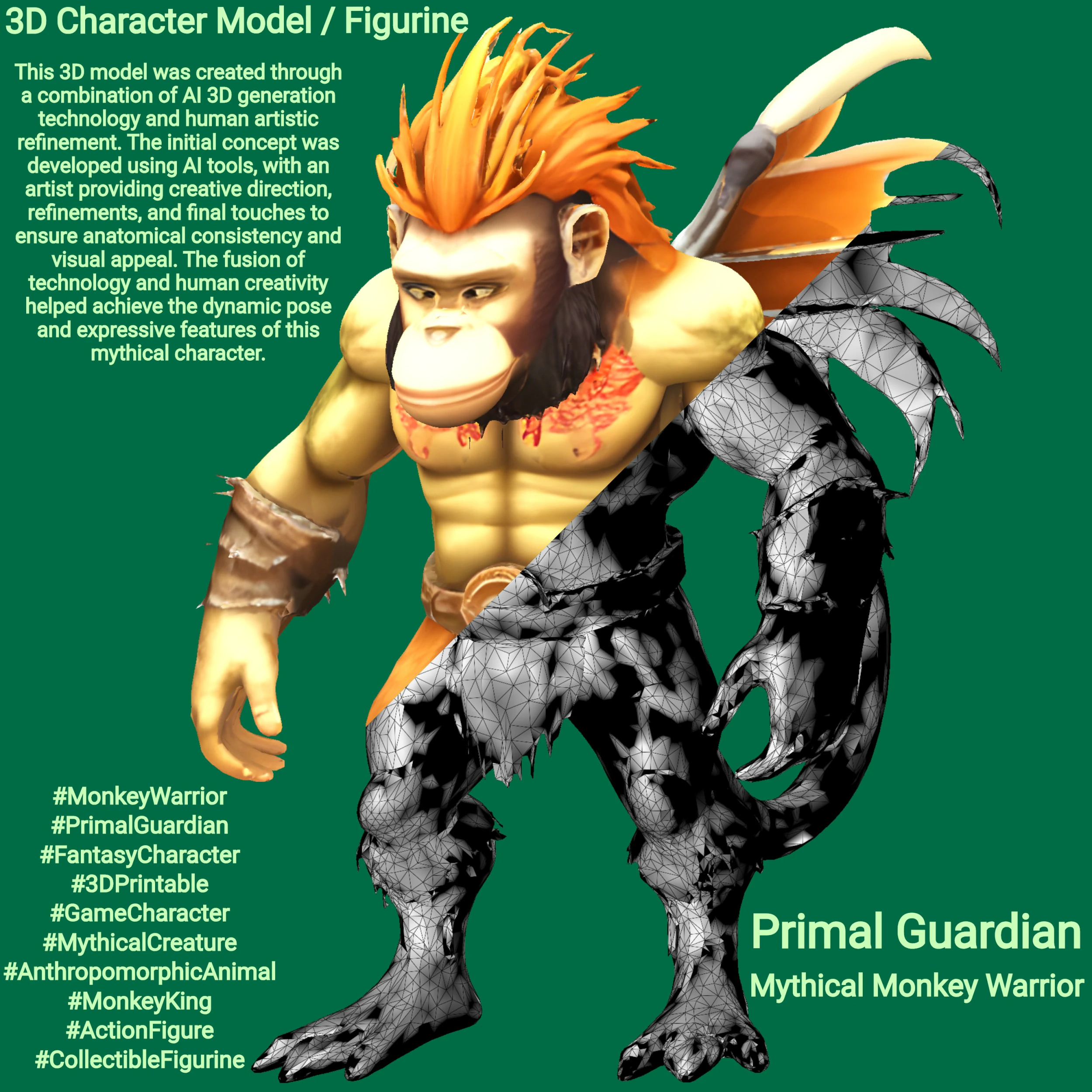 Primal Guardian - Mythical Monkey Warrior 3D Print Model .c4d .max .obj .3ds .fbx .stl .blend 