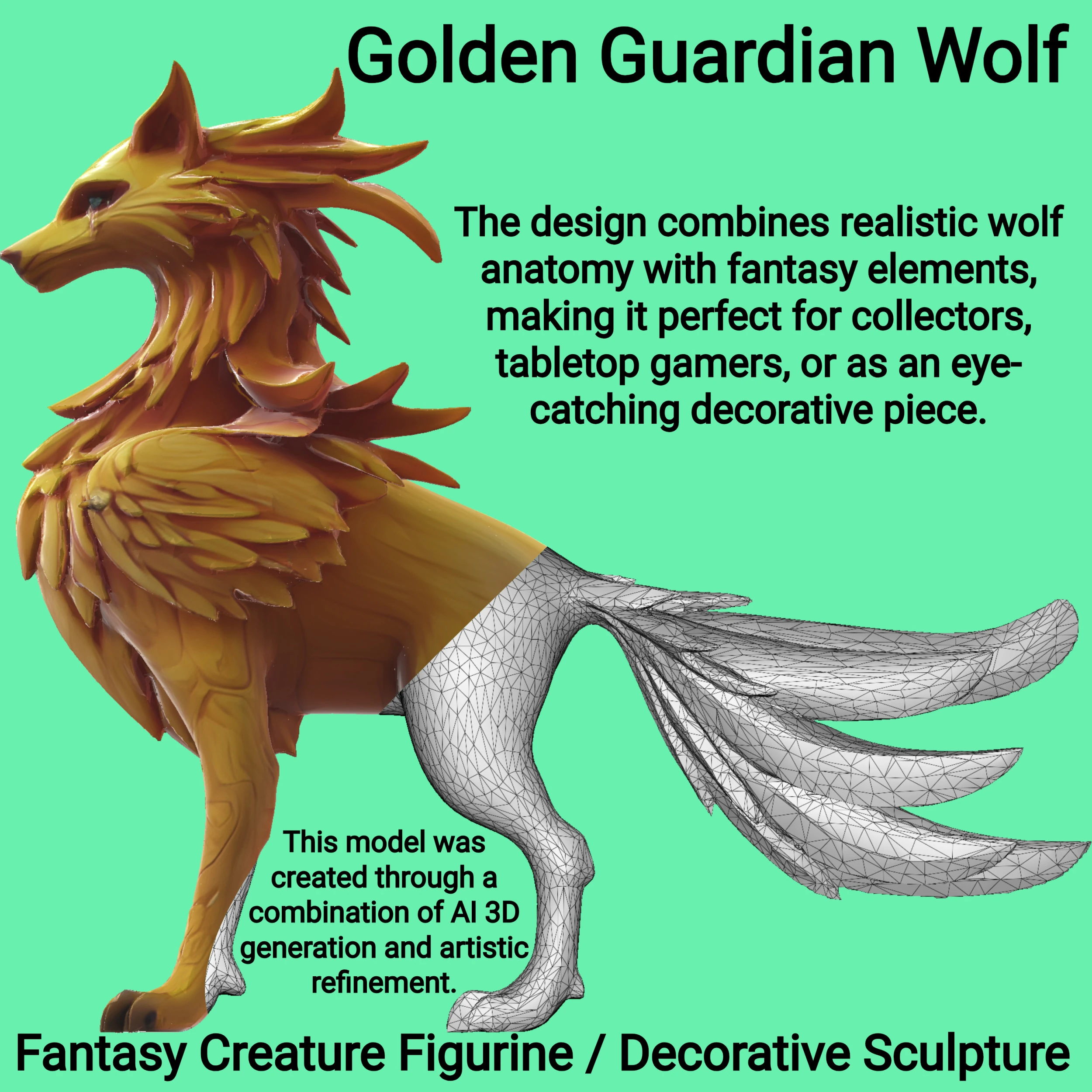 Golden Guardian Wolf 3D Print Model .c4d .max .obj .3ds .fbx .stl .blend 