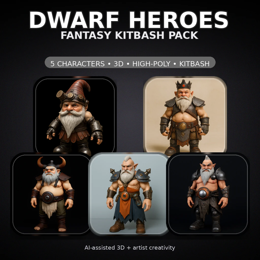 Forgefolk Guardians High-Poly Dwarf Gnome Character Pack 5 Models 3D Print Model .c4d .max .obj .3ds .fbx .stl .blend