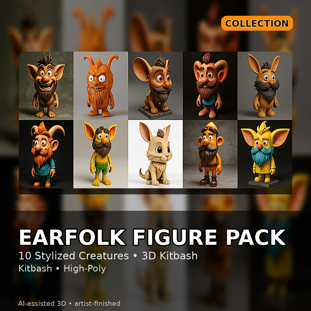 Earfolk Buddies Whimsical Big-Ears Character Collection 10 Models 3D Print Model .c4d .max .obj .3ds .fbx .stl .blend 
