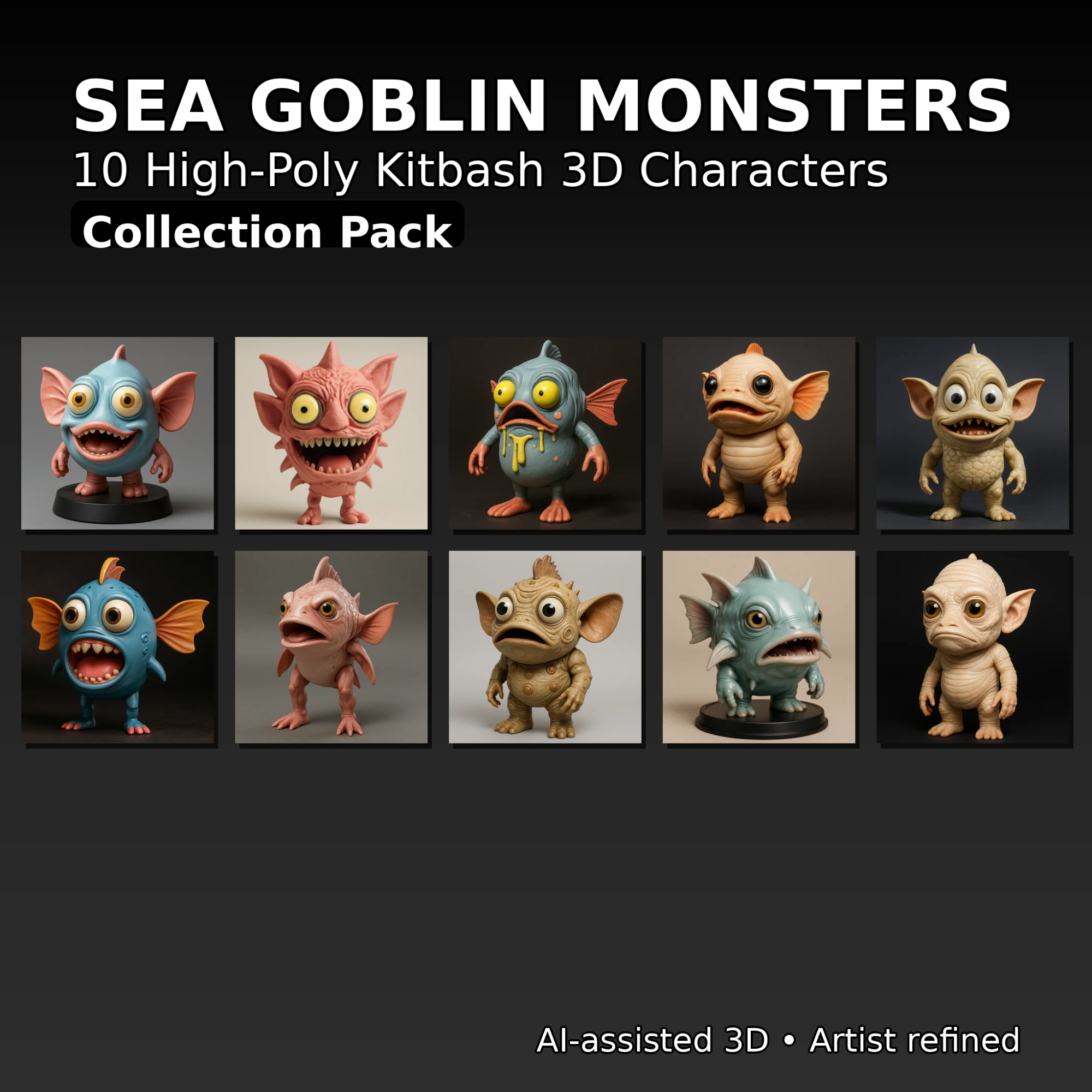 Sea Goblin Monsters 10 High-Poly Kitbash Creature Pack 3D Print Model .c4d .max .obj .3ds .fbx .stl .blend