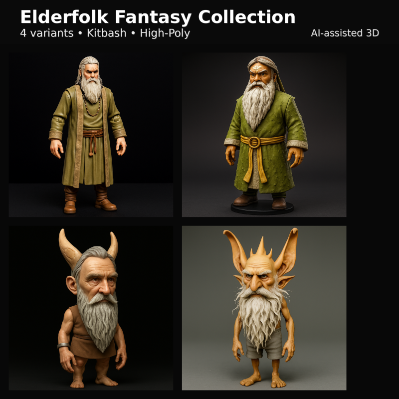 Elderfolk Fantasy Collection 4 Varianten High-Poly Kitbash-Zeichensatz 3D Druckmodell .c4d .max .obj .3ds .fbx .stl .blend 
