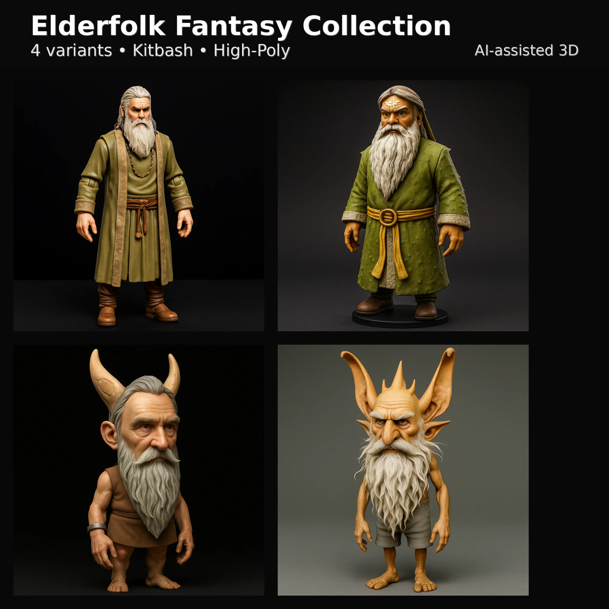 Elderfolk Fantasy Collection 4 varianti Set di caratteri High-Poly Kitbash Modello di stampa 3D .c4d .max .obj .3ds .fbx .stl .blend 