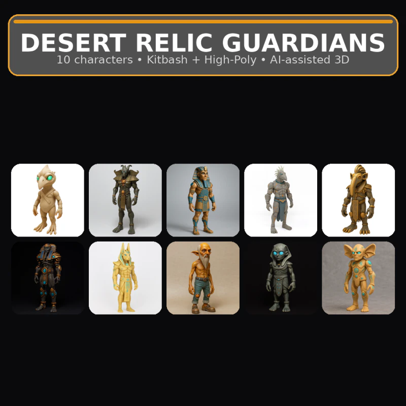 Desert Relic Guardians Коллекция Kitbash из 10 персонажей Высокополигональная с поддержкой ИИ 3D Принт Модель .c4d .max .obj .3ds .fbx .stl .blend 