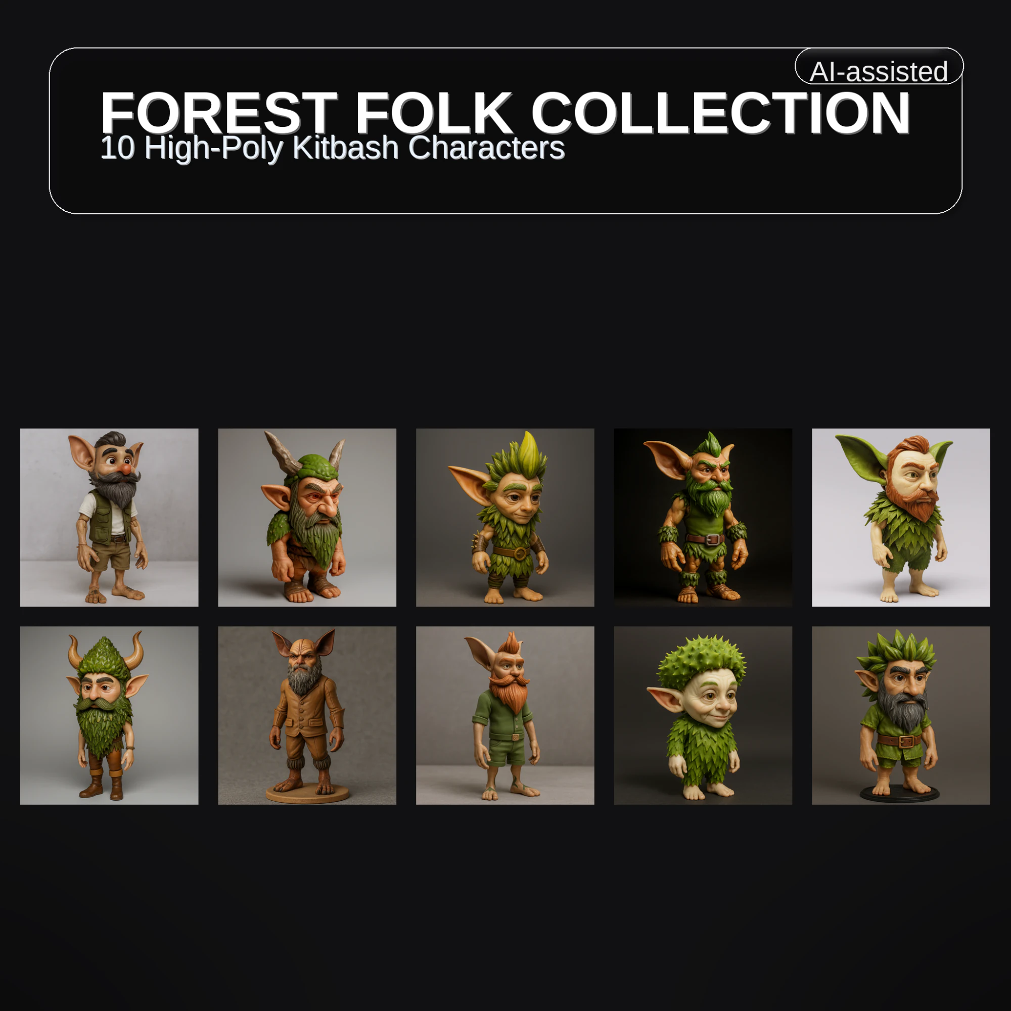 Forest Folk Collection 10 High-Poly Kitbash Characters AI-Assisted 3D Print Model .c4d .max .obj .3ds .fbx .stl .blend