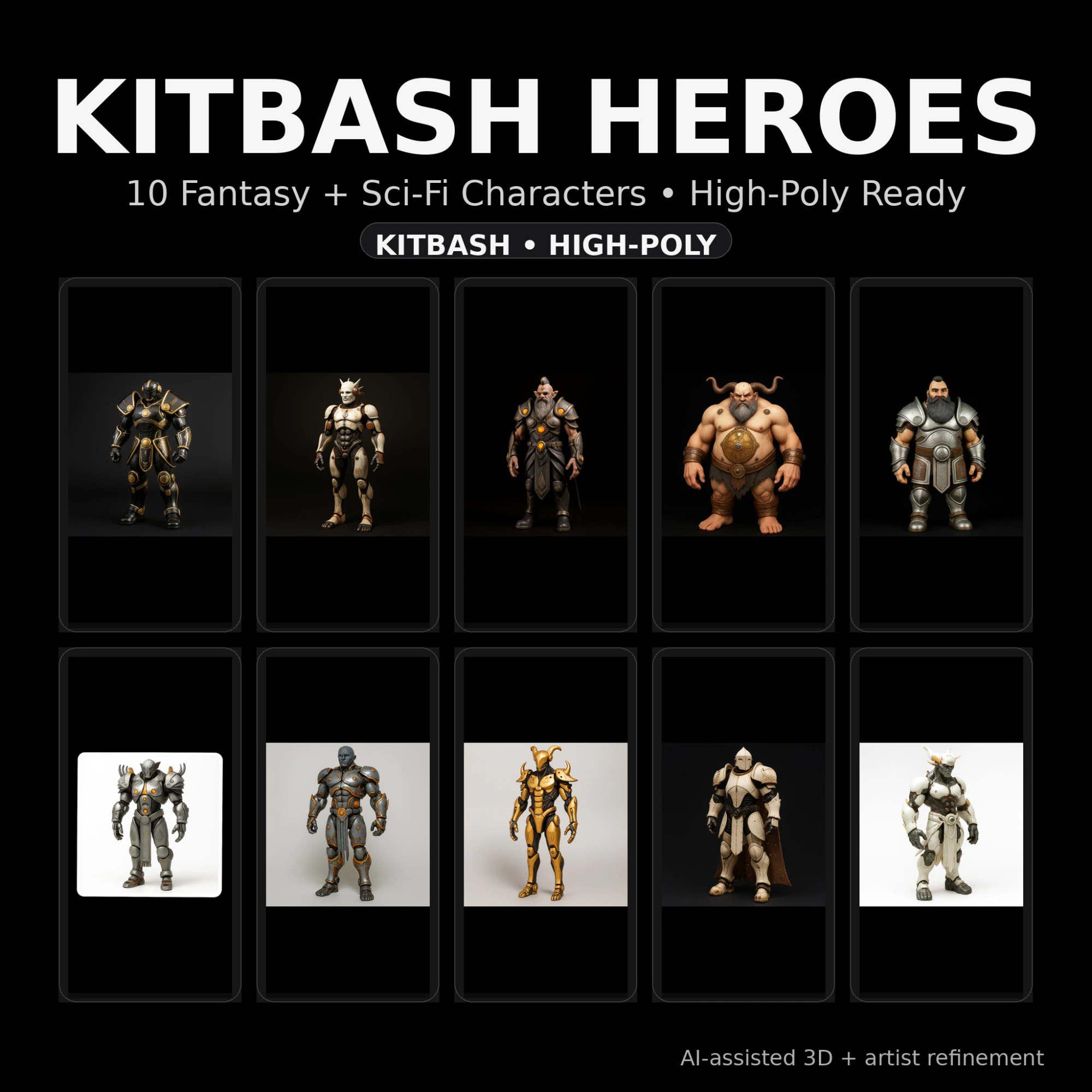 Kitbash Heroes Fantasy Sci-Fi High-Poly Character Pack 10 Models 3D Print Model .c4d .max .obj .3ds .fbx .stl .blend 