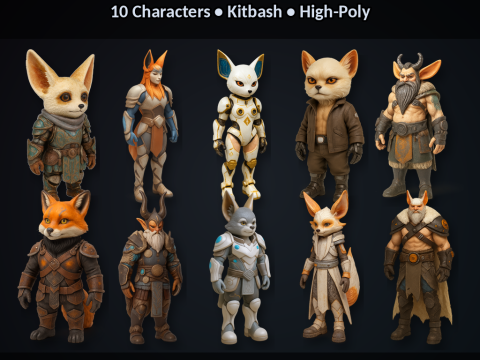 Vulpine Heroes Bundle 10 Stylized Fantasy Sci-Fi Characters Kitbash High-Poly 3D Print Model