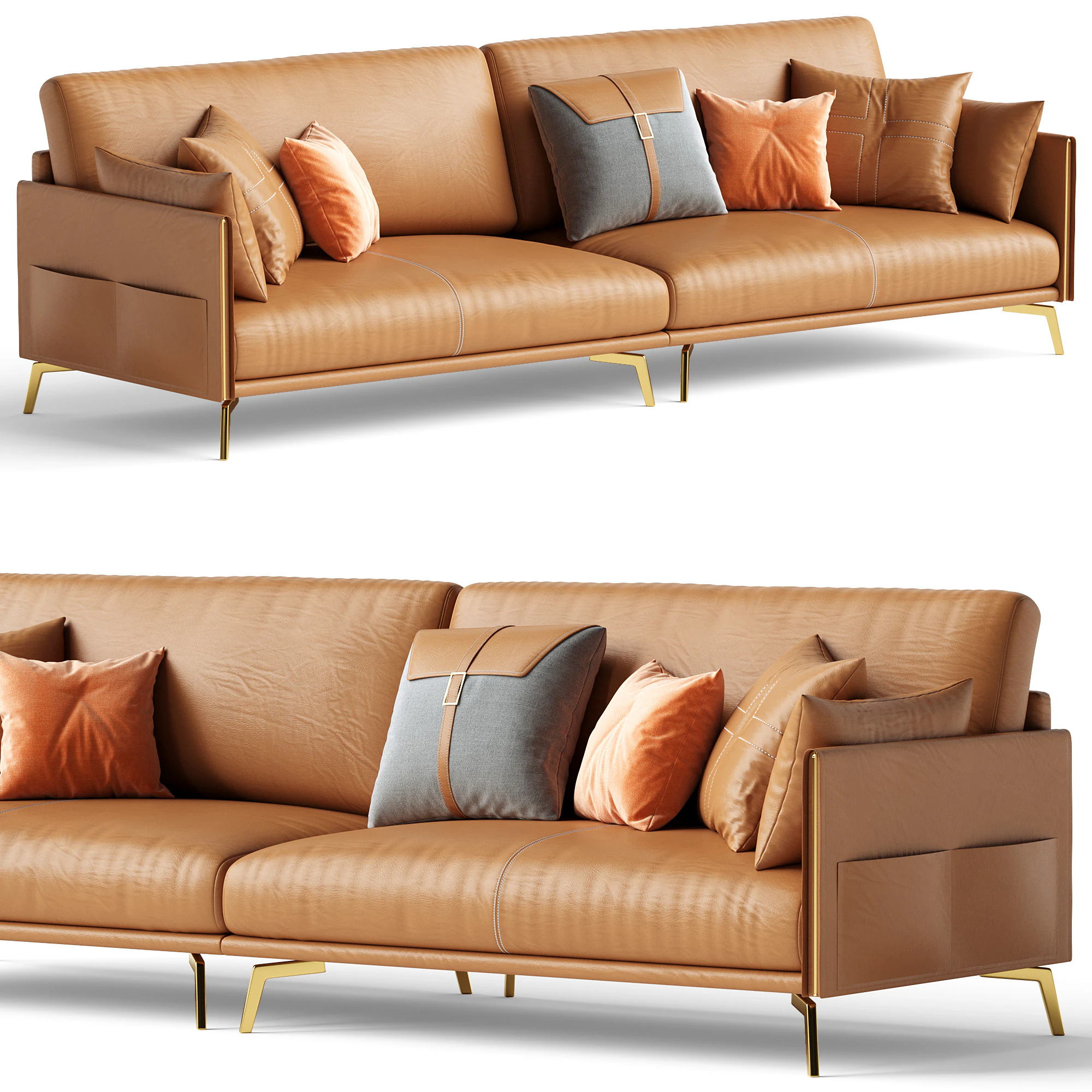 Glamorous Brown Leather Sofa 280 cm 3D Model .c4d .max .obj .3ds .fbx .stl .blend
