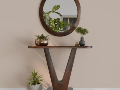Modern Wooden Console Table with Round Mirror 3D Model