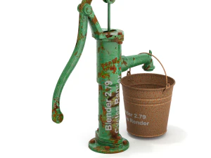 Vintage Water Hand Pump With Bucket 3D Model