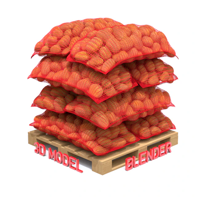 Ziemniaki w czerwonych workach jutowych na palecie Model 3D .c4d .max .obj .3ds .fbx .stl .blend 