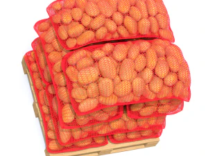 Ziemniaki w czerwonych workach jutowych na palecie Model 3D