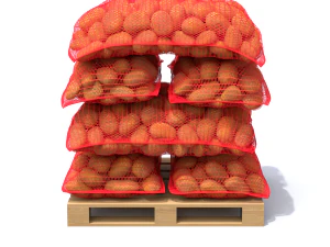 Ziemniaki w czerwonych workach jutowych na palecie Model 3D