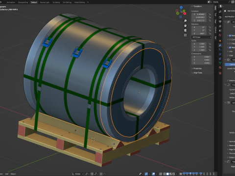 강철 코일 및 목재 팔레트 3D 모델