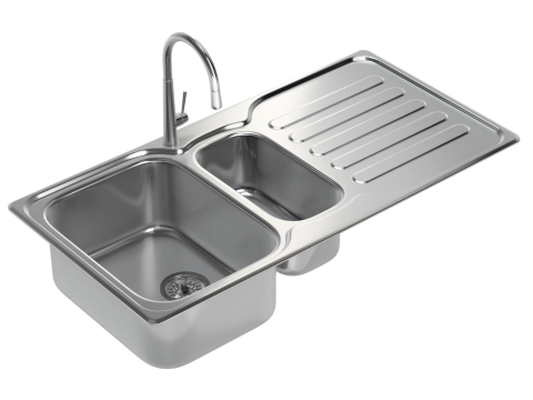 Kitchen Sink with double Bowl Tap and Drain Modelo 3D
