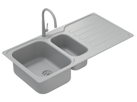 Kitchen Sink with double Bowl Tap and Drain Modelo 3D