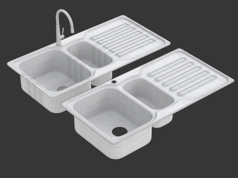 Kitchen Sink with double Bowl Tap and Drain Modelo 3D
